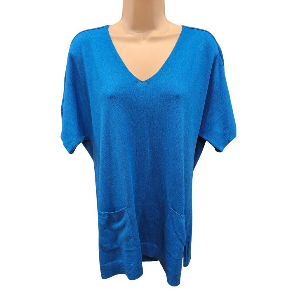 Chicos 2 (L) blue pocket tunic silk blend soft career casual short sleeve top